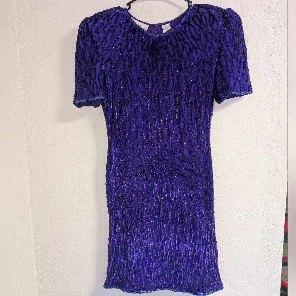Vtg 80s 90s Laurence Kazar Dress S Pet Silk Purple Sequin Beaded Art Deco Gatsby